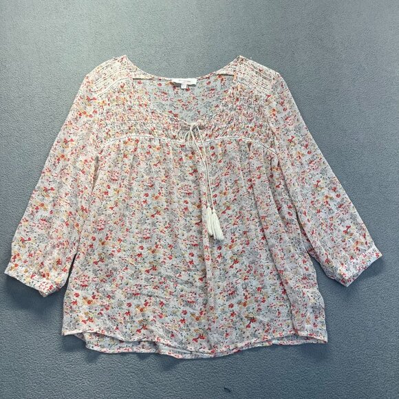 Two by Vince Camuto Floral Peasant Sheer Blouse Large Shirt Tassel Pink Smock - Picture 10 of 10